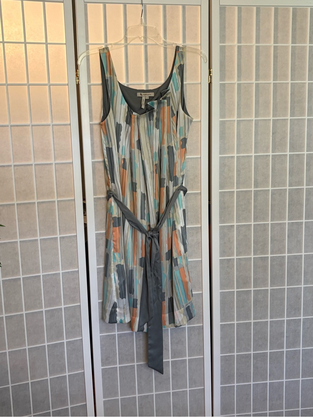 BCBGeneration Sleeveless Mini Dress in Gray, Orange & Teal Abstract Print